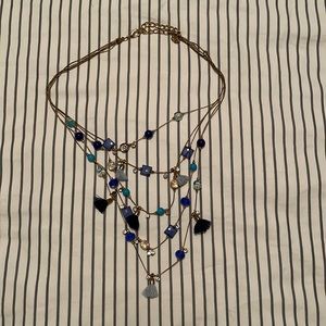 Necklace blue gold beads tassels multi strand layered